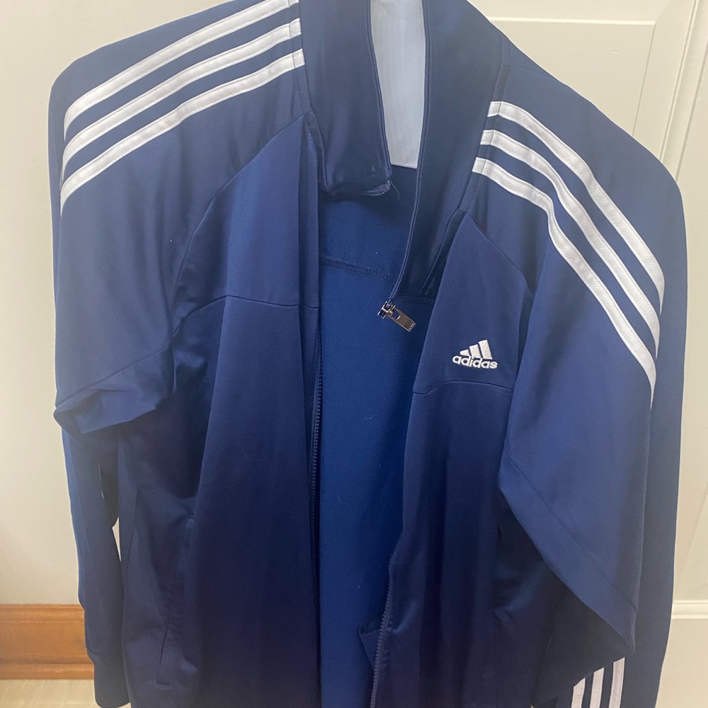 Adidas Men's Dark Blue Windbreaker with White Stripes